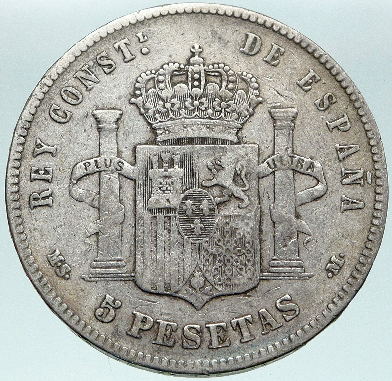 1883 SPAIN w King ALFONSO XII Antique OLD Silver 5 Pesetas SPANISH Coin i87464