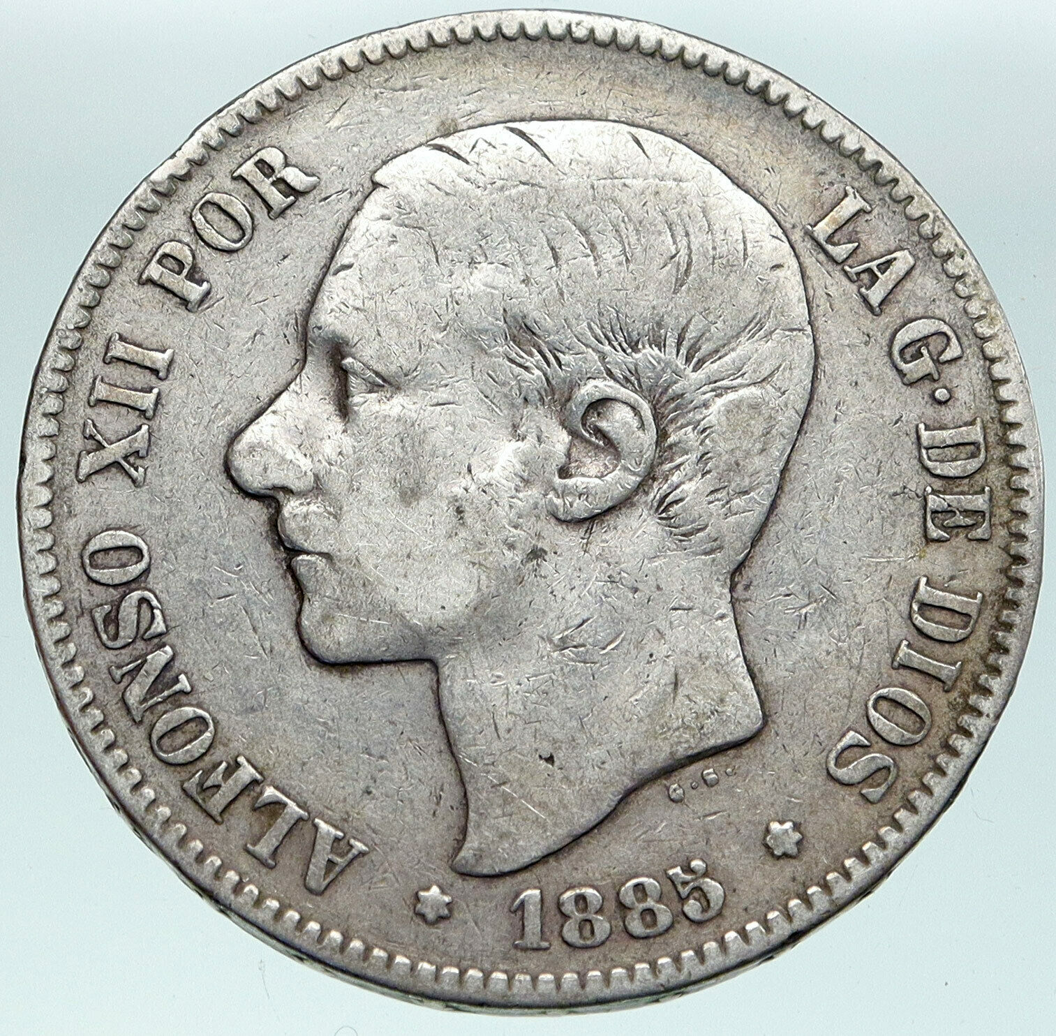 1883 SPAIN w King ALFONSO XII Antique OLD Silver 5 Pesetas SPANISH Coin i87464