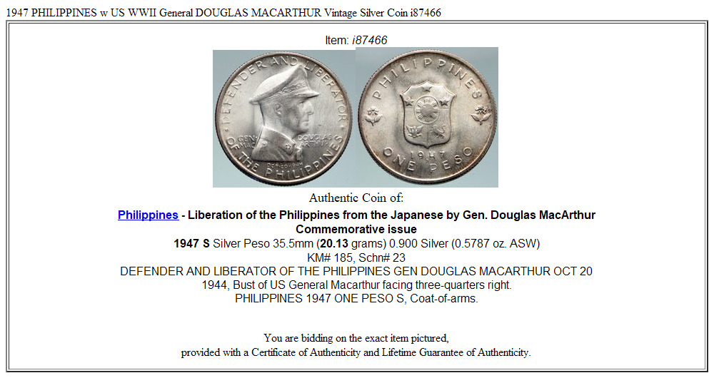 1947 PHILIPPINES w US WWII General DOUGLAS MACARTHUR Vintage Silver Coin i87466