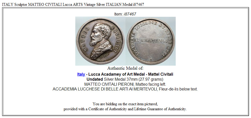 ITALY Sculptor MATTEO CIVITALI Lucca ARTS Vintage Silver ITALIAN Medal i87467