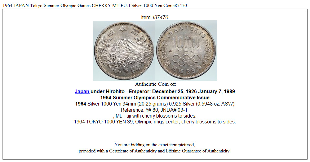 1964 JAPAN Tokyo Summer Olympic Games CHERRY MT FUJI Silver 1000 Yen Coin i87470