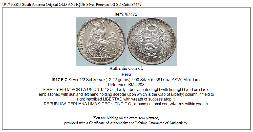 1917 PERU South America Original OLD ANTIQUE Silver Peruvian 1/2 Sol Coin i87472