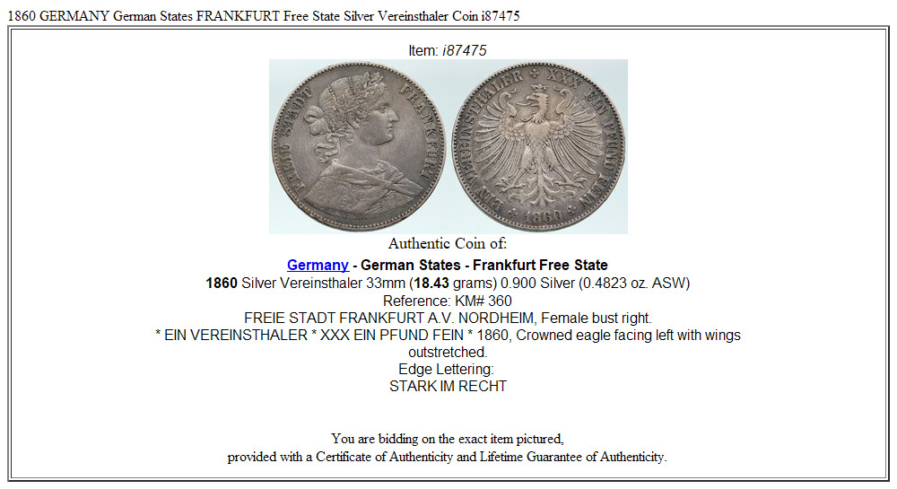 1860 GERMANY German States FRANKFURT Free State Silver Vereinsthaler Coin i87475