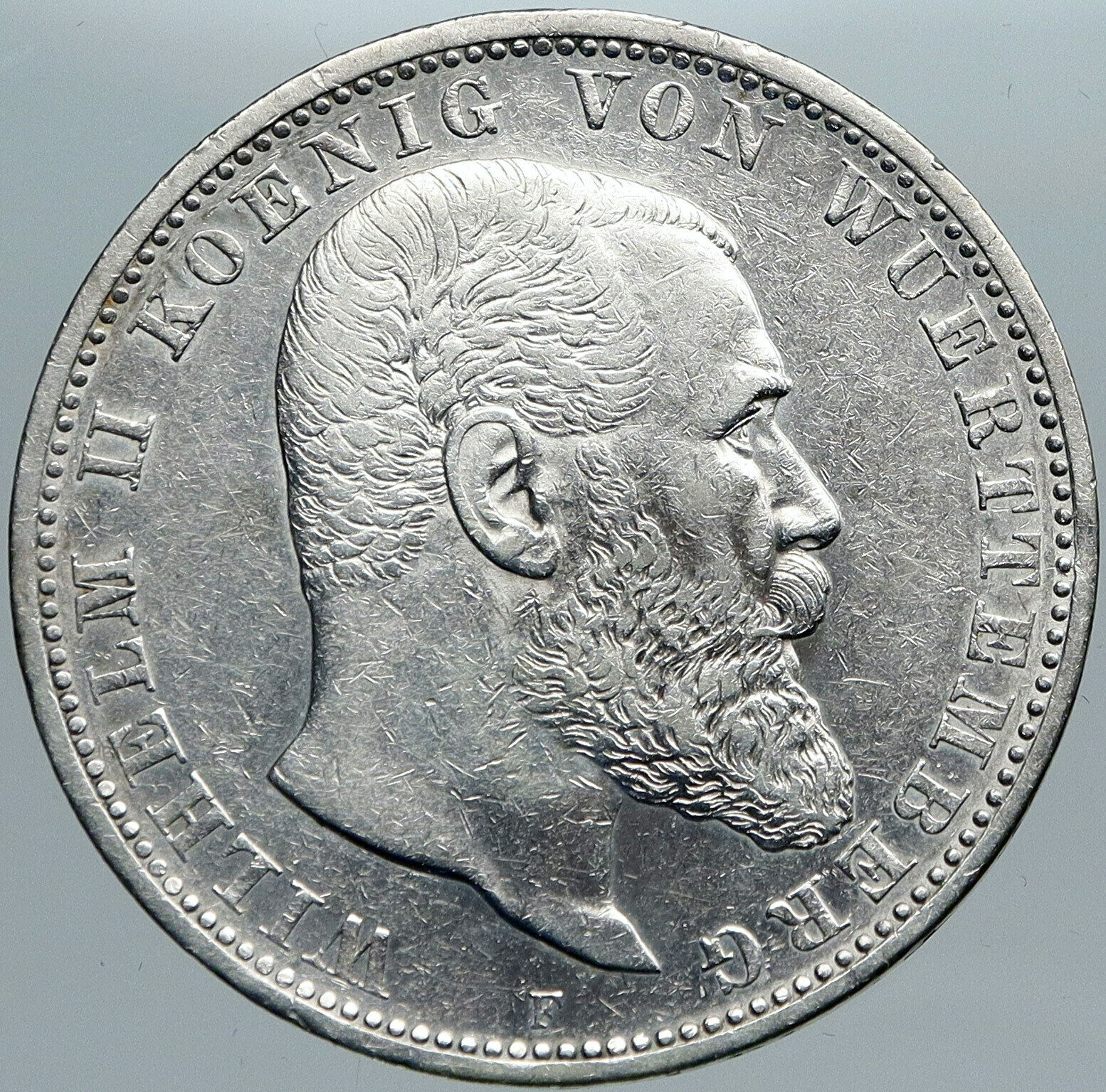 1907F Germany GERMAN STATES Wurttemberg WILHELM II Antique Silver 5M Coin i88640