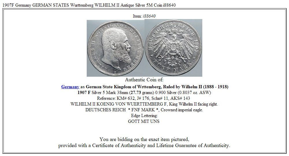 1907F Germany GERMAN STATES Wurttemberg WILHELM II Antique Silver 5M Coin i88640