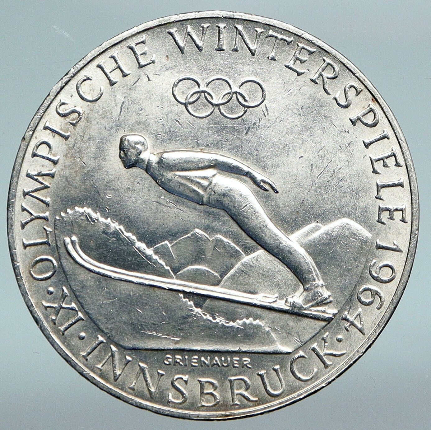 1964 AUSTRIA Innsbruck Winter Olympic Games SKIING OLD Silver 50Shlg Coin i89807