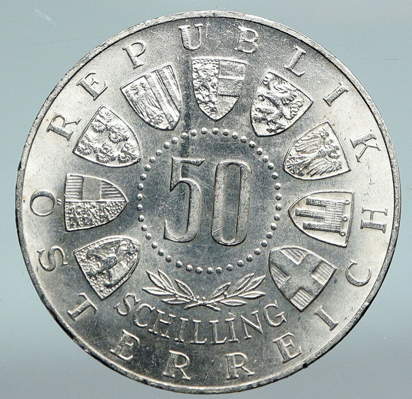 1964 AUSTRIA Innsbruck Winter Olympic Games SKIING OLD Silver 50Shlg Coin i89807