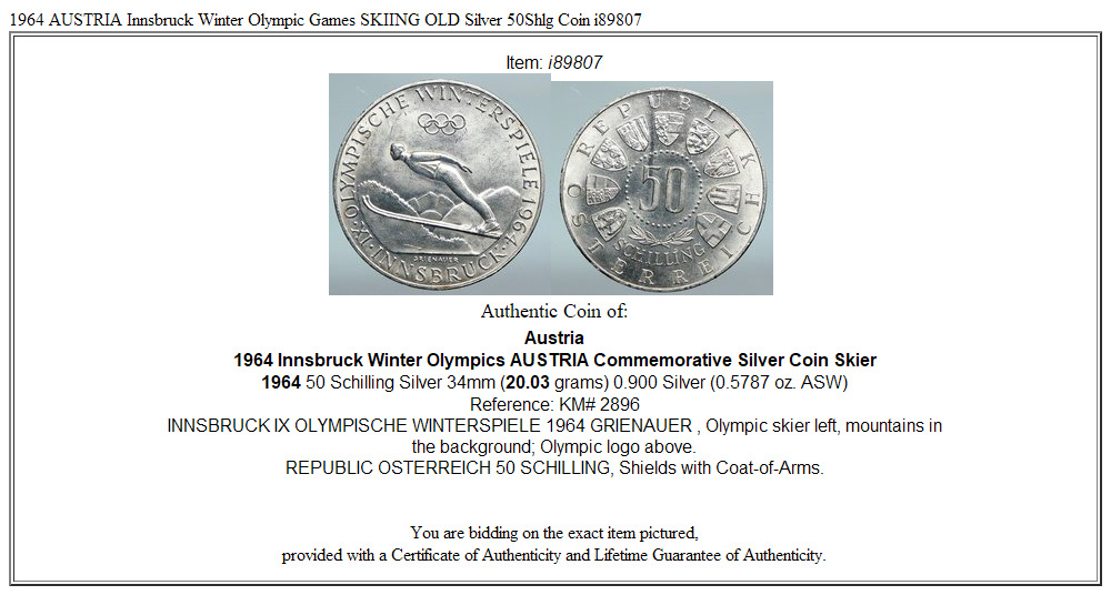 1964 AUSTRIA Innsbruck Winter Olympic Games SKIING OLD Silver 50Shlg Coin i89807