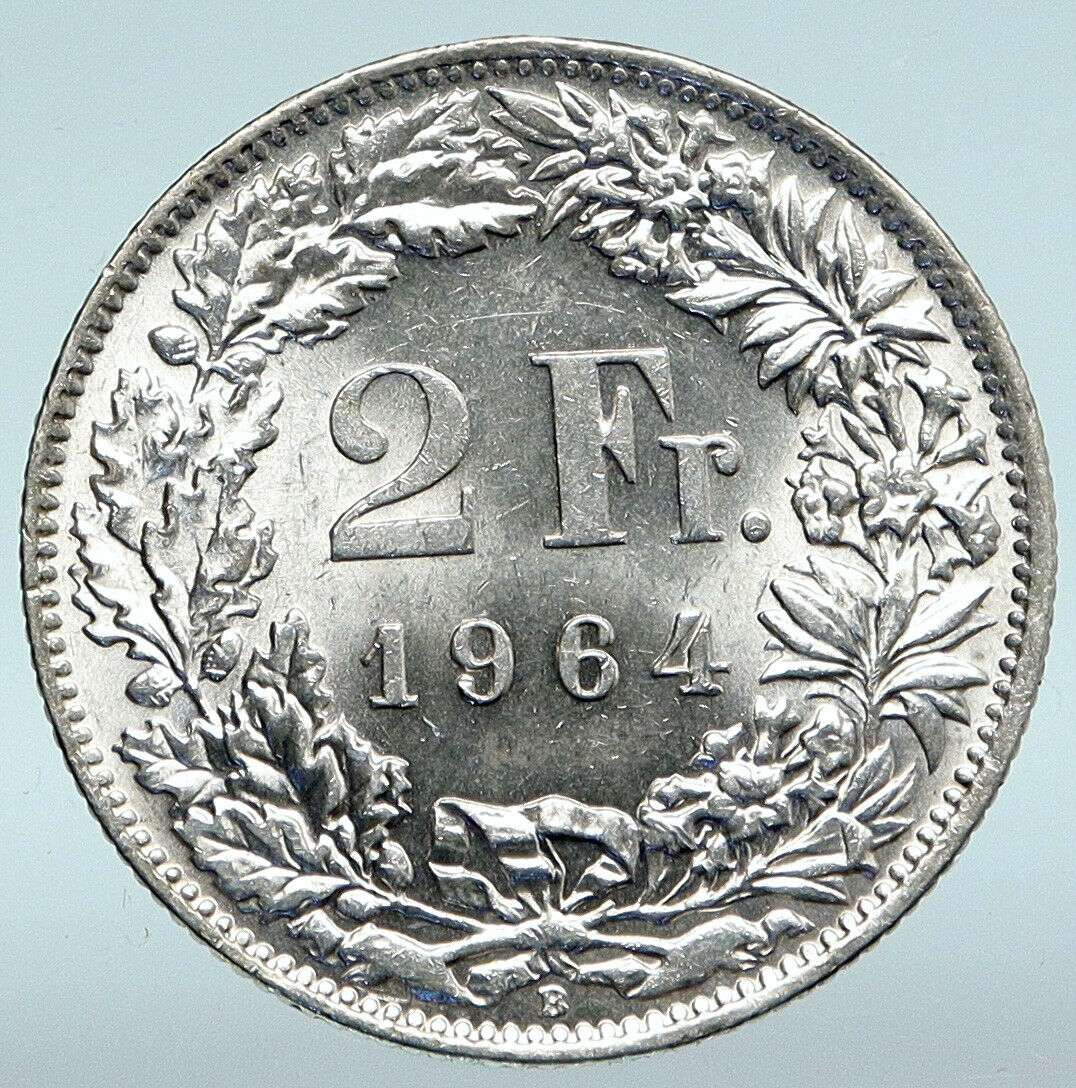 1964 SWITZERLAND - HELVETIA Symbolizes SWISS Nation SILVER 2 Francs Coin i89663