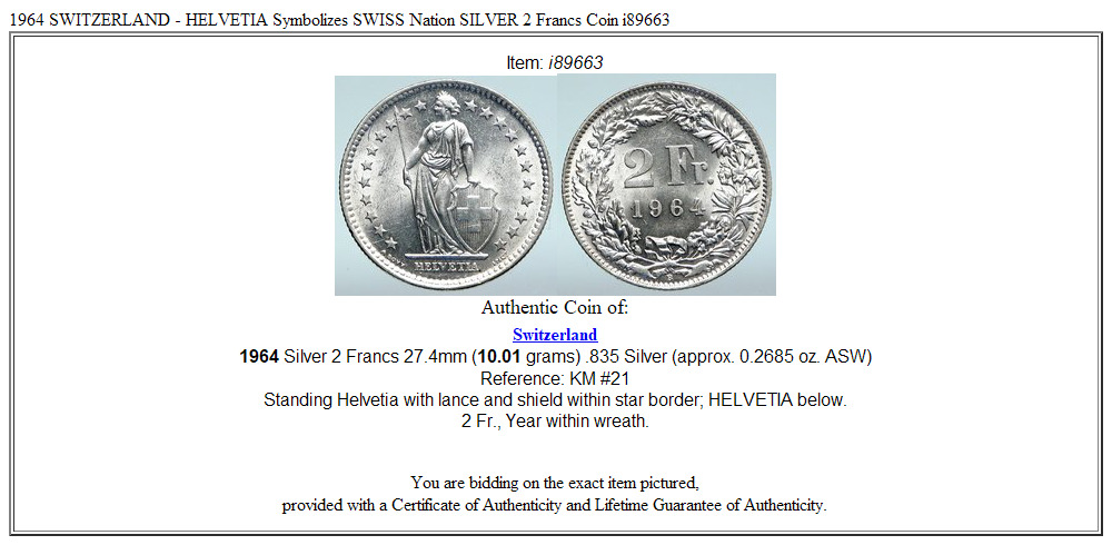 1964 SWITZERLAND - HELVETIA Symbolizes SWISS Nation SILVER 2 Francs Coin i89663