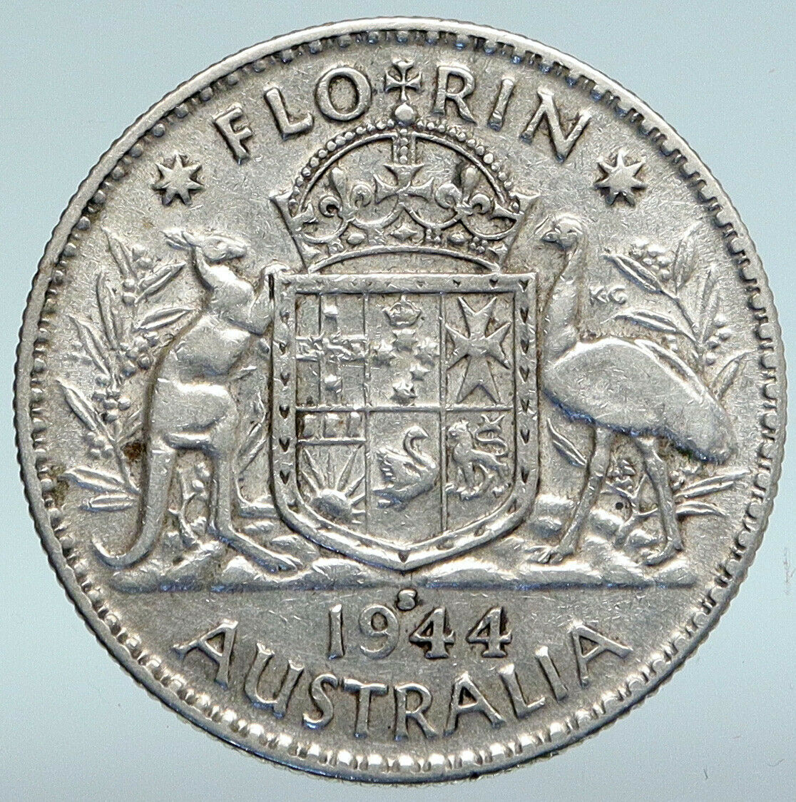 1944 AUSTRALIA King George VI Kangaroos VINTAGE Large Silver Florin Coin i89660