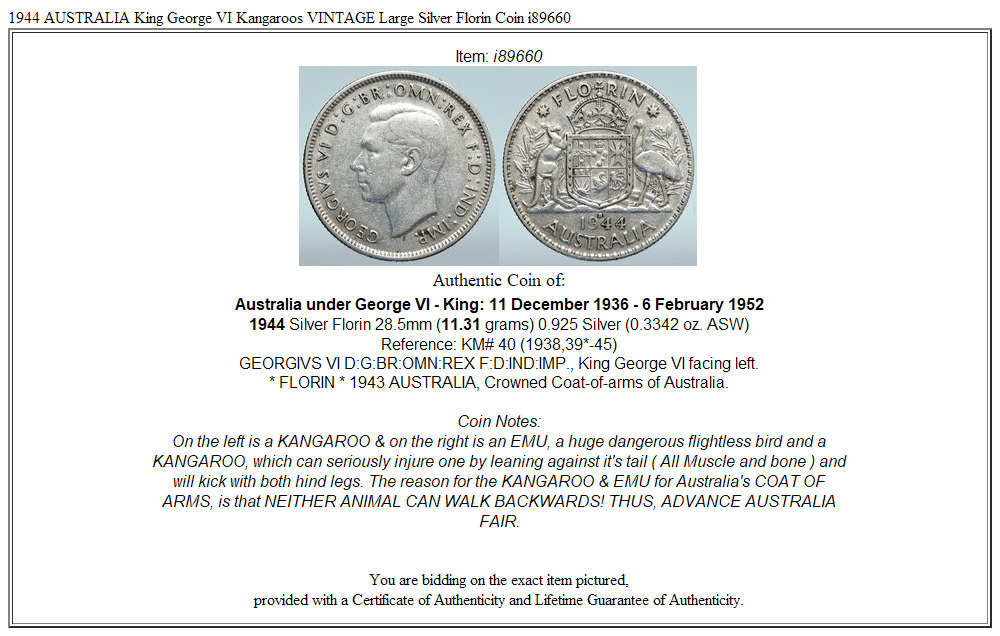 1944 AUSTRALIA King George VI Kangaroos VINTAGE Large Silver Florin Coin i89660