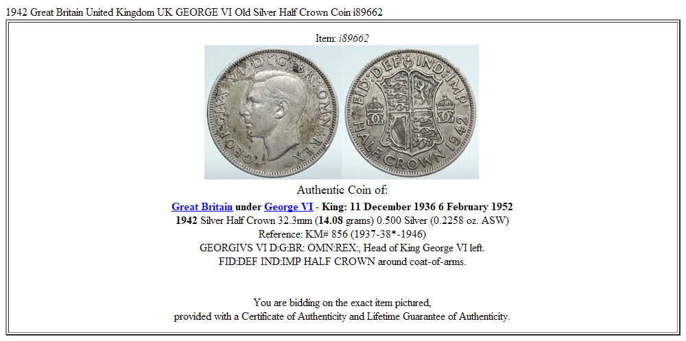 1942 Great Britain United Kingdom UK GEORGE VI Old Silver Half Crown Coin i89662