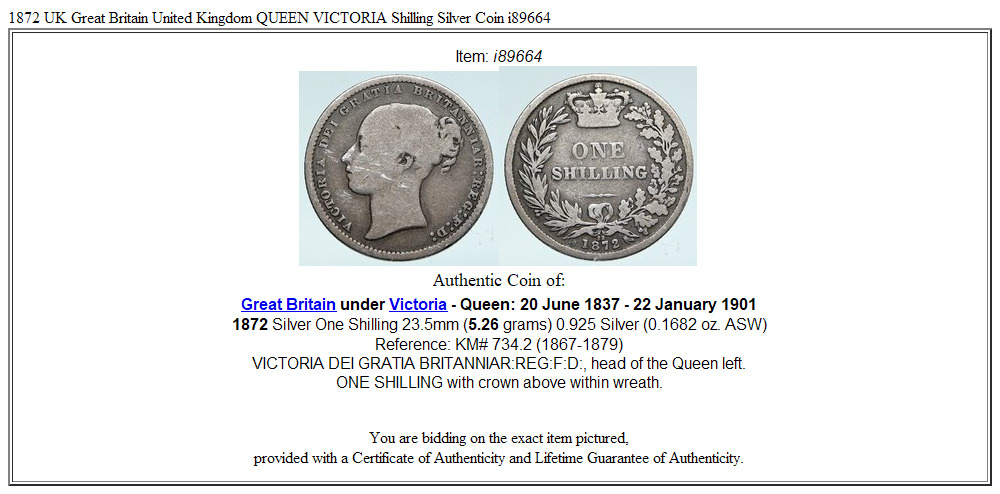 1872 UK Great Britain United Kingdom QUEEN VICTORIA Shilling Silver Coin i89664