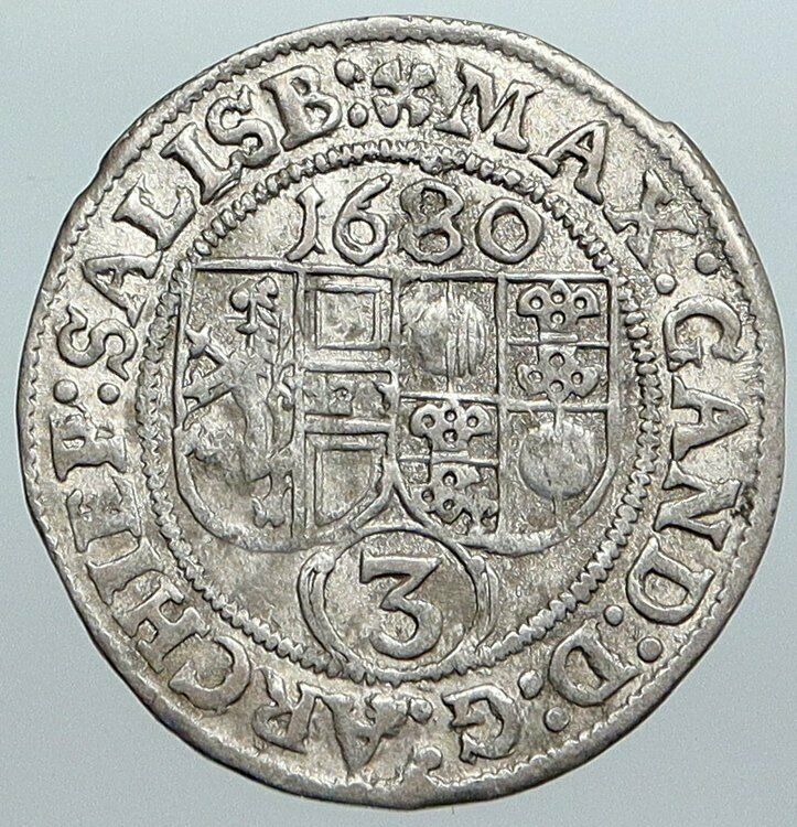 1680 AUSTRIA Salzburg Prince Max Kuenburg SAINT RUPERT Silver 3Krzer Coin i89043