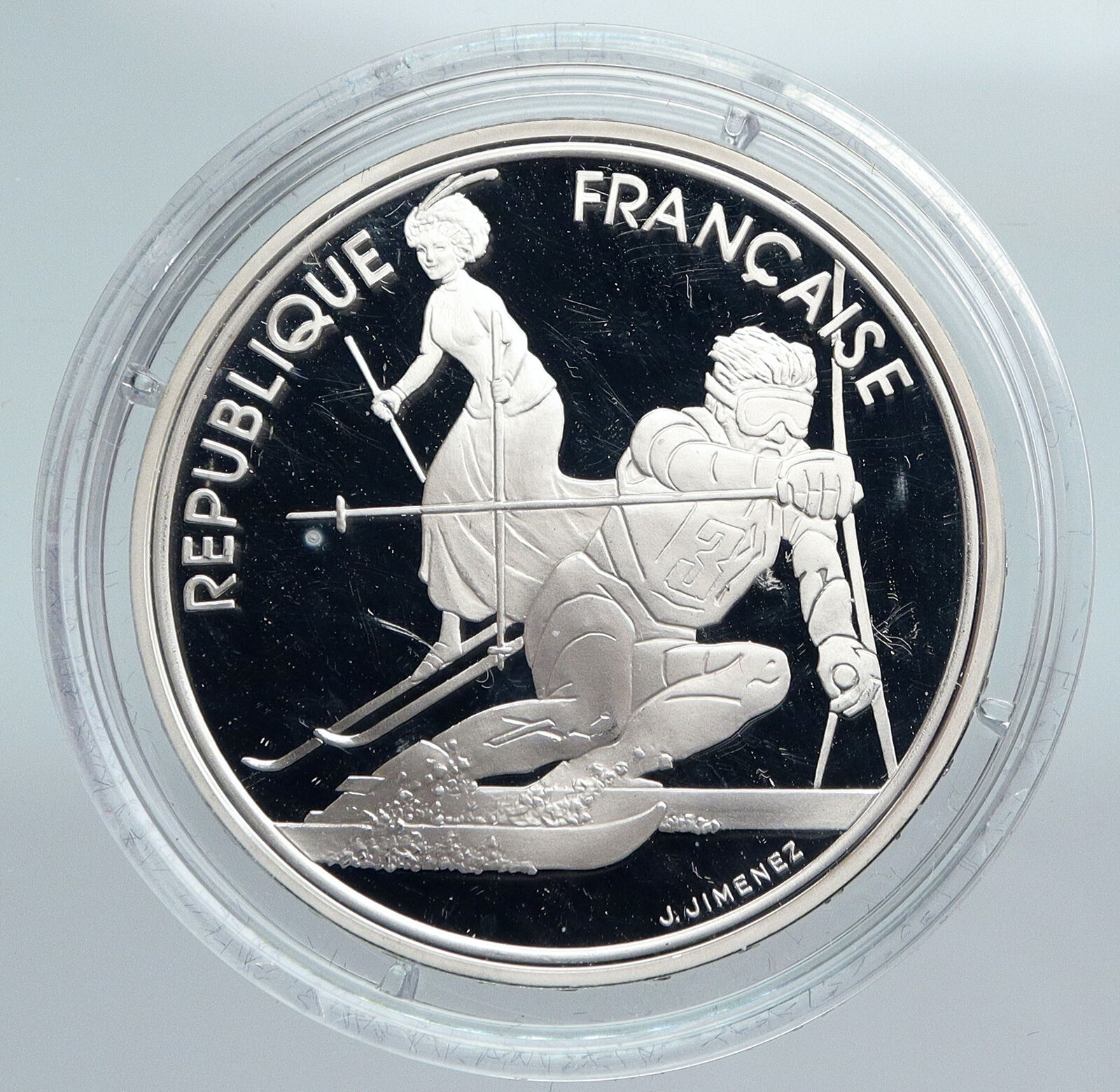 1990 FRANCE Slalom Skiing 1992 Olympics OLD Proof Silver 100 Francs Coin i89938