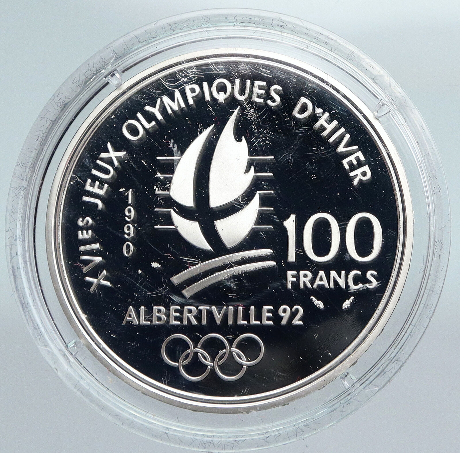 1990 FRANCE Slalom Skiing 1992 Olympics OLD Proof Silver 100 Francs Coin i89938