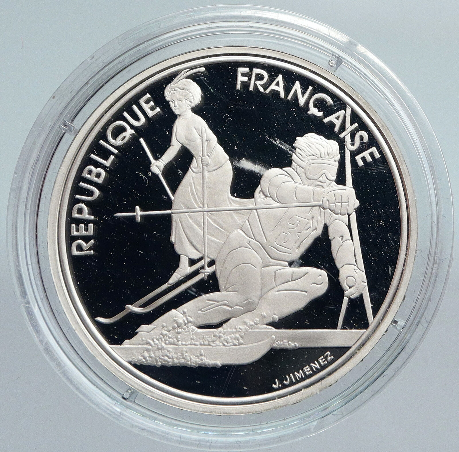 1990 FRANCE Slalom Skiing 1992 Olympics OLD Proof Silver 100 Francs Coin i89940