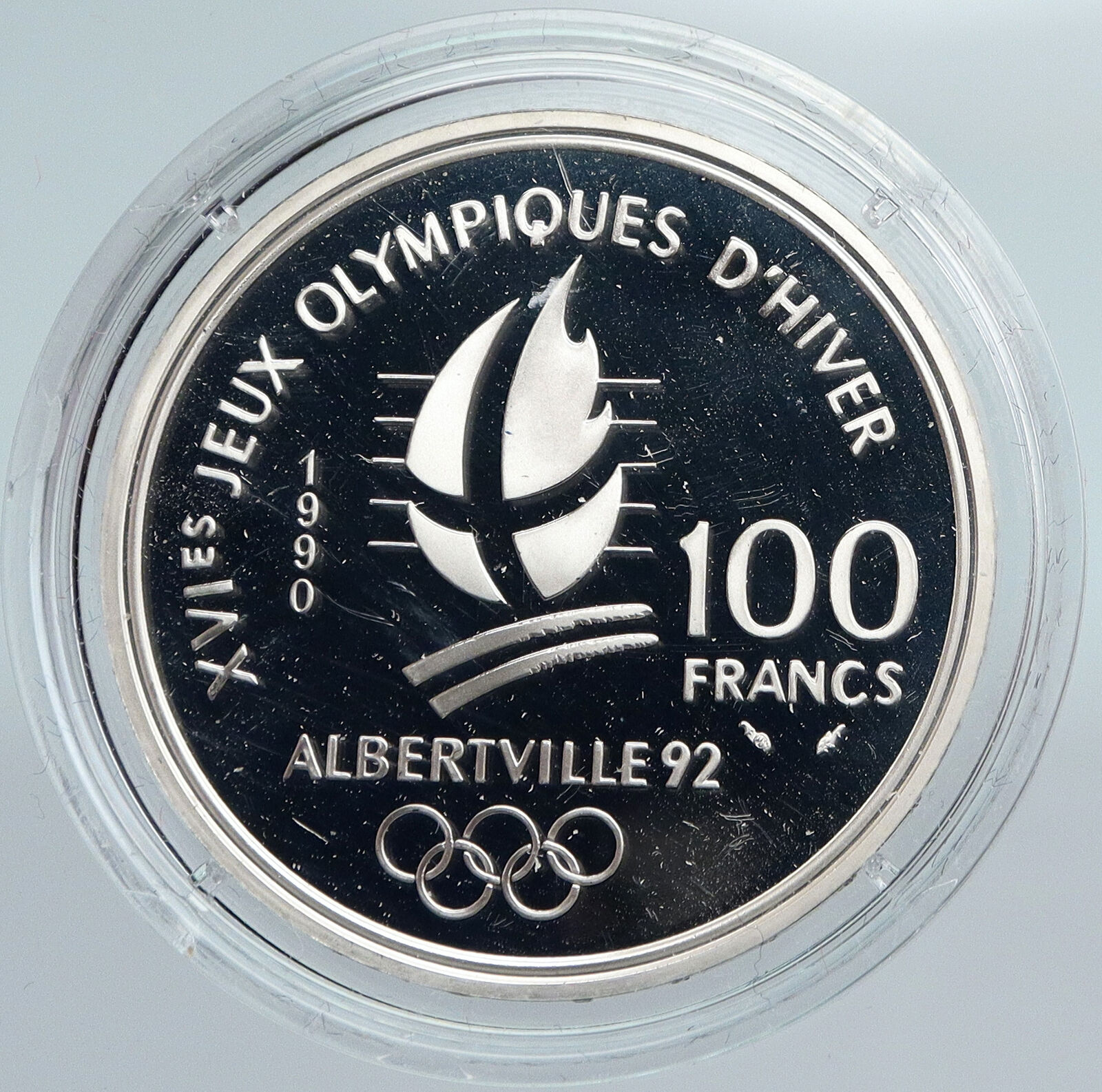 1990 FRANCE Slalom Skiing 1992 Olympics OLD Proof Silver 100 Francs Coin i89940