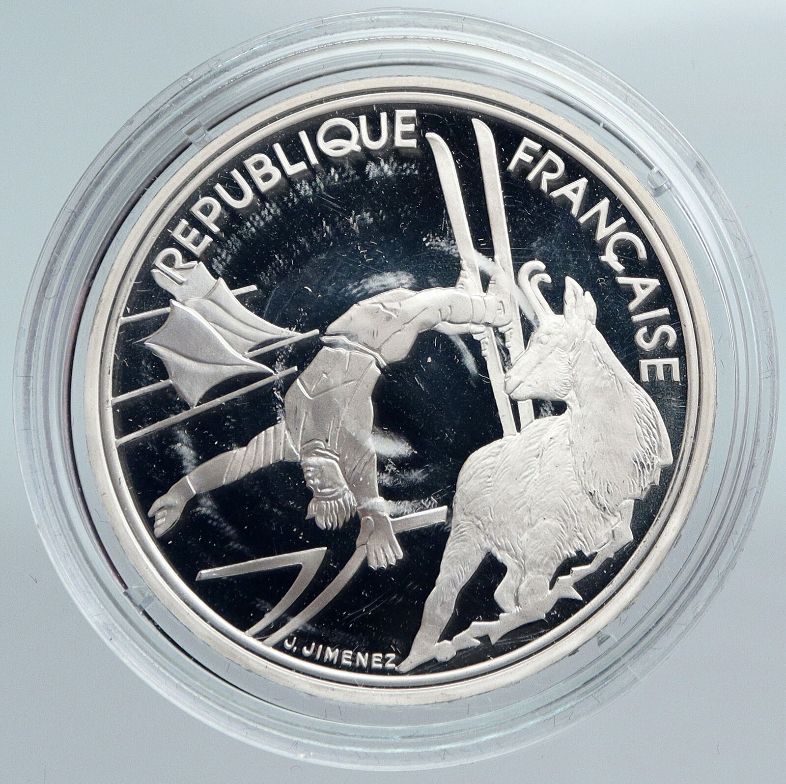 1990 FRANCE Free style Skiing 1992 Olympics Proof Silver 100 Francs Coin i89944