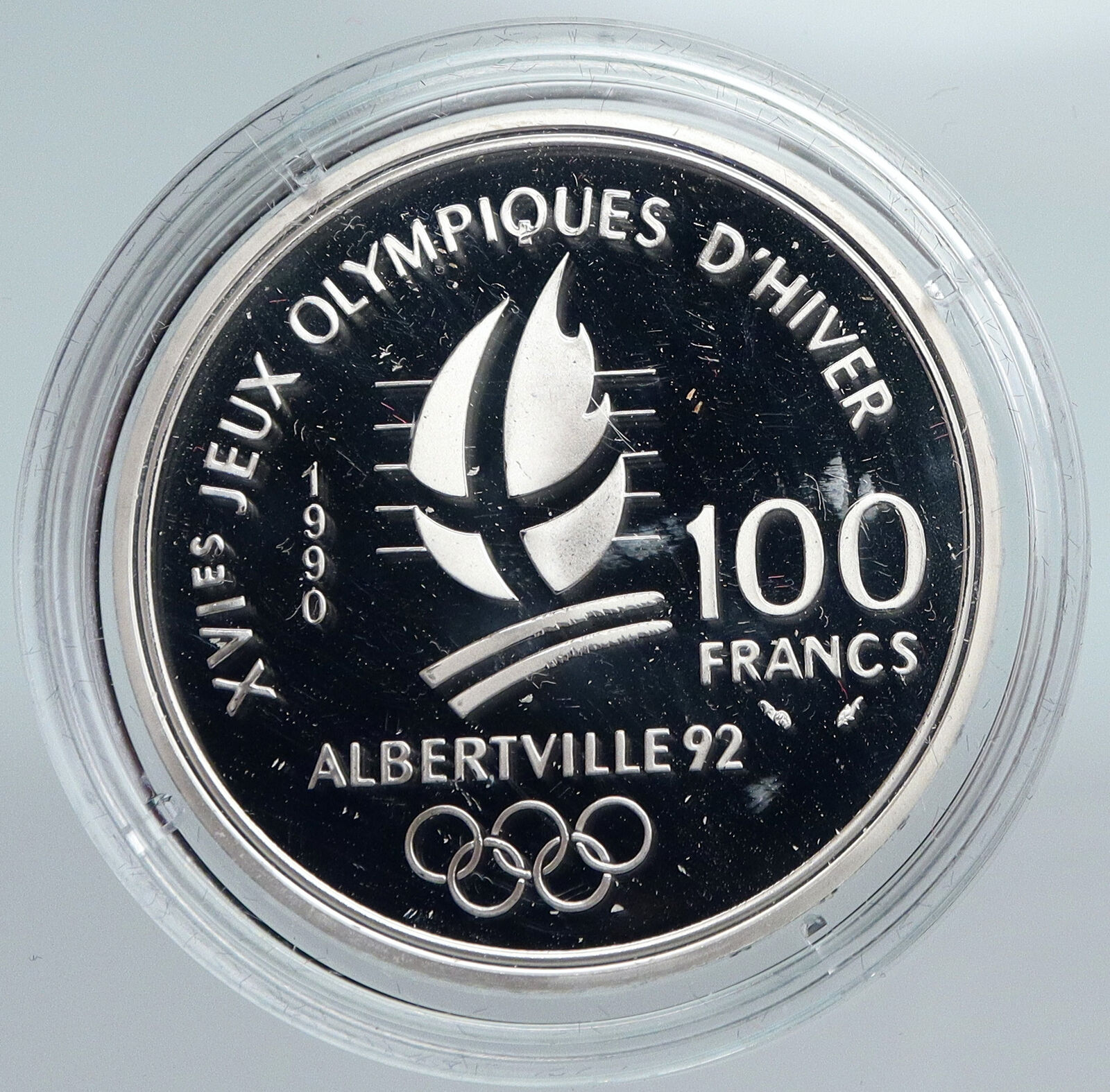 1990 FRANCE Free style Skiing 1992 Olympics Proof Silver 100 Francs Coin i89944