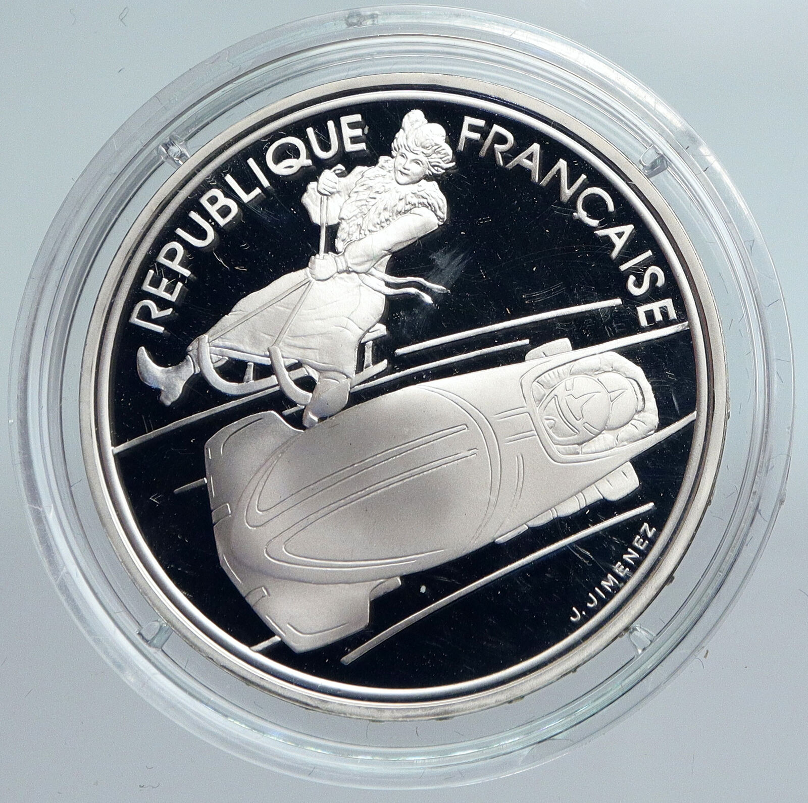 1990 FRANCE Luge Sledding 1992 Olympics VINTAGE Proof Silver 100F Coin i89946