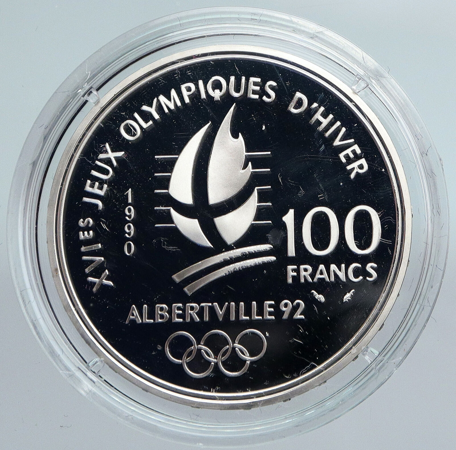 1990 FRANCE Luge Sledding 1992 Olympics VINTAGE Proof Silver 100F Coin i89946