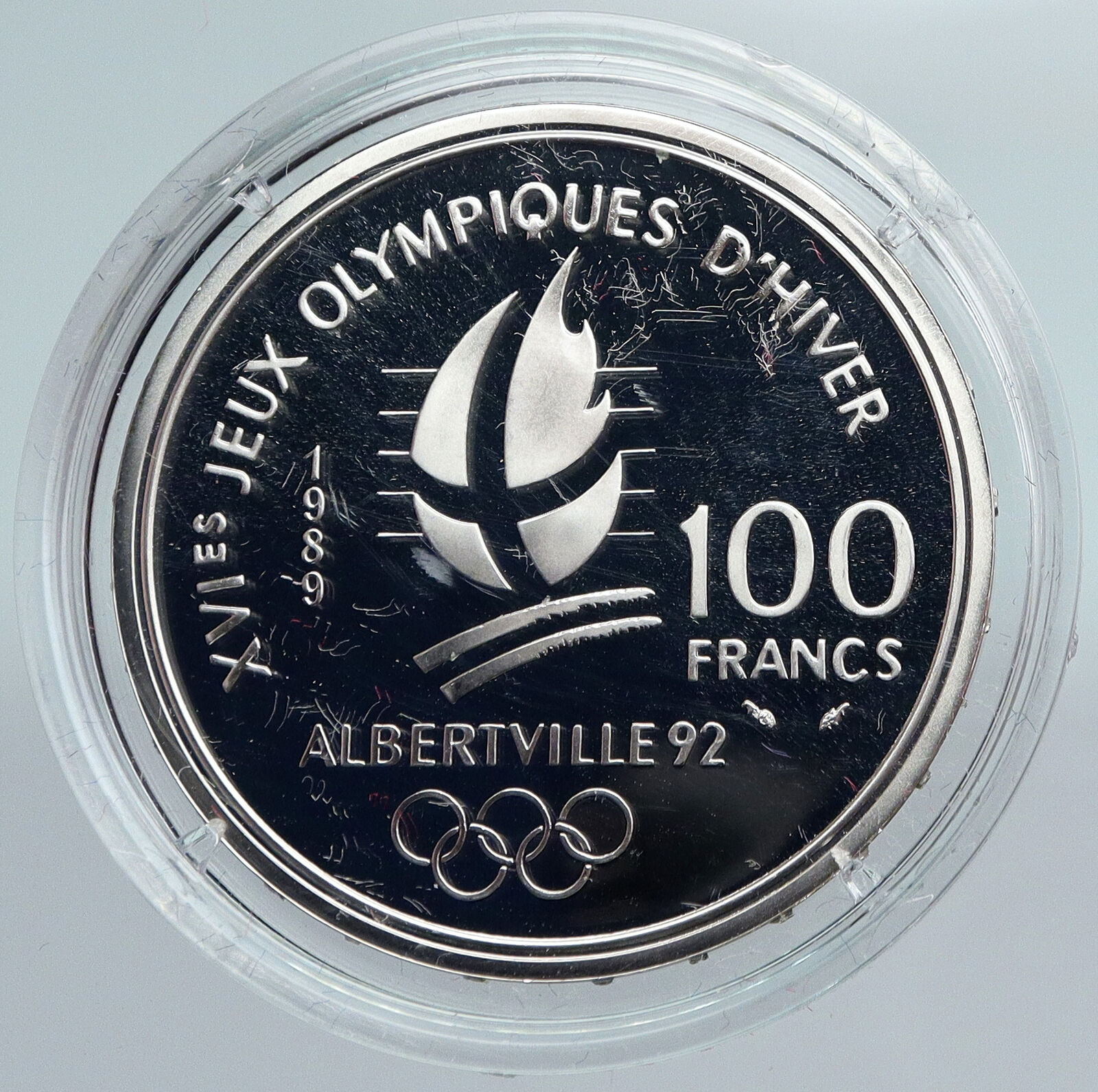 1989 FRANCE Figure Skating 1992 Olympics OLD Proof Silver 100 Francs Coin i89937