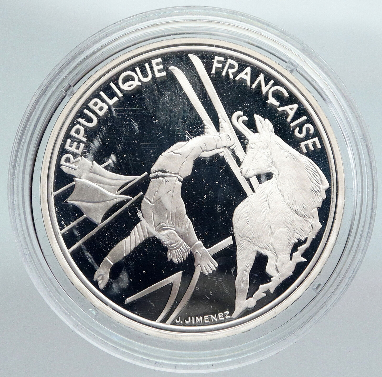 1990 FRANCE Free style Skiing 1992 Olympics Proof Silver 100 Francs Coin i89927