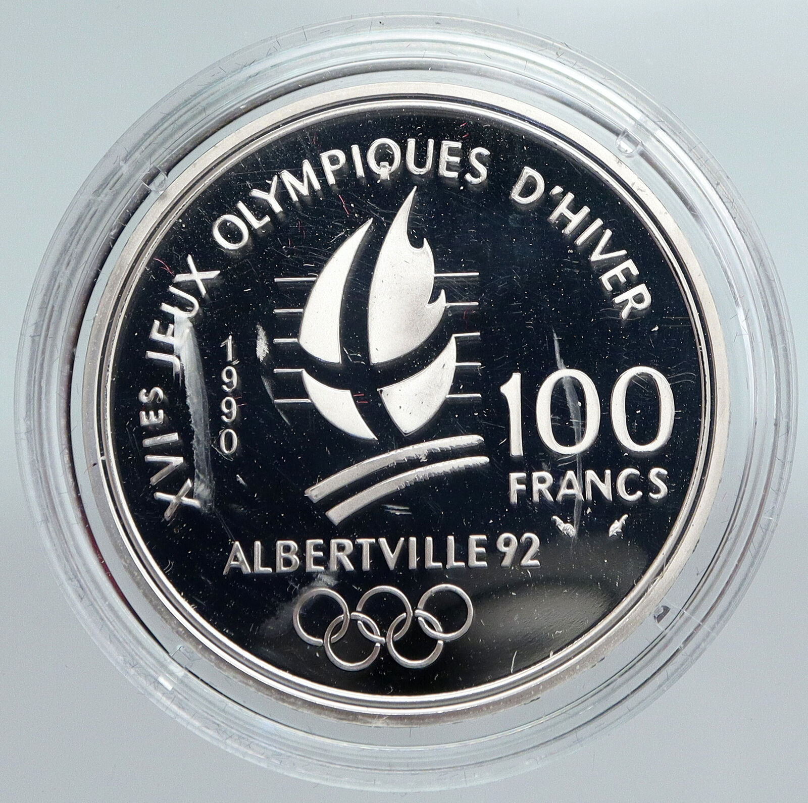 1990 FRANCE Free style Skiing 1992 Olympics Proof Silver 100 Francs Coin i89927