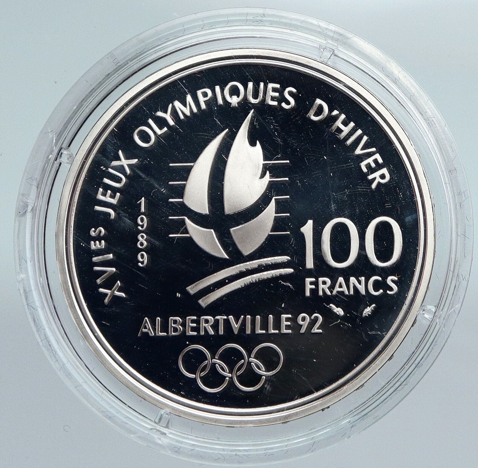 1989 FRANCE Figure Skating 1992 Olympics OLD Proof Silver 100 Francs Coin i89935