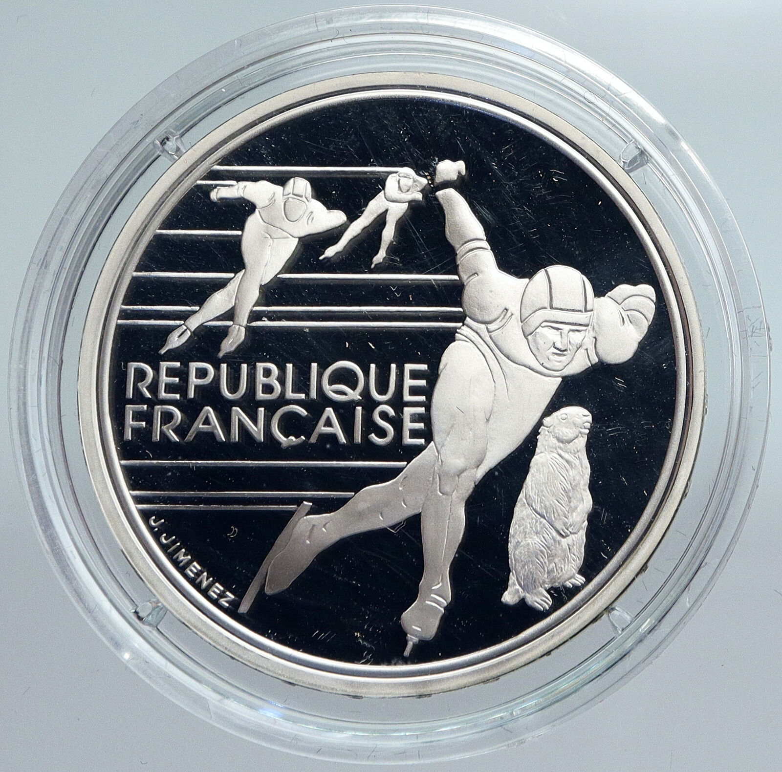 1990 FRANCE Speed Skating 1992 Olympics Proof Silver 100 Francs Coin i89947