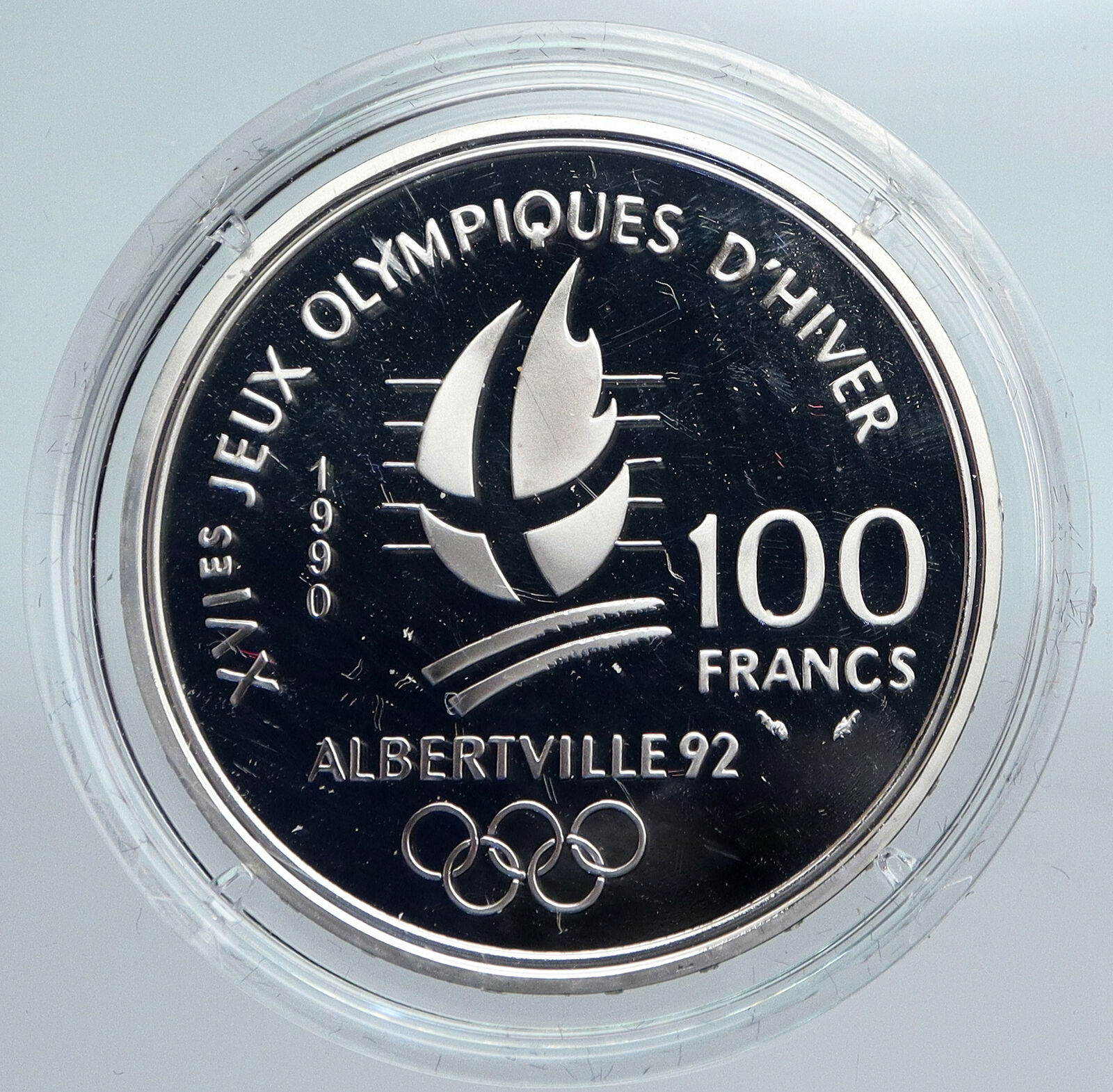 1990 FRANCE Speed Skating 1992 Olympics Proof Silver 100 Francs Coin i89947