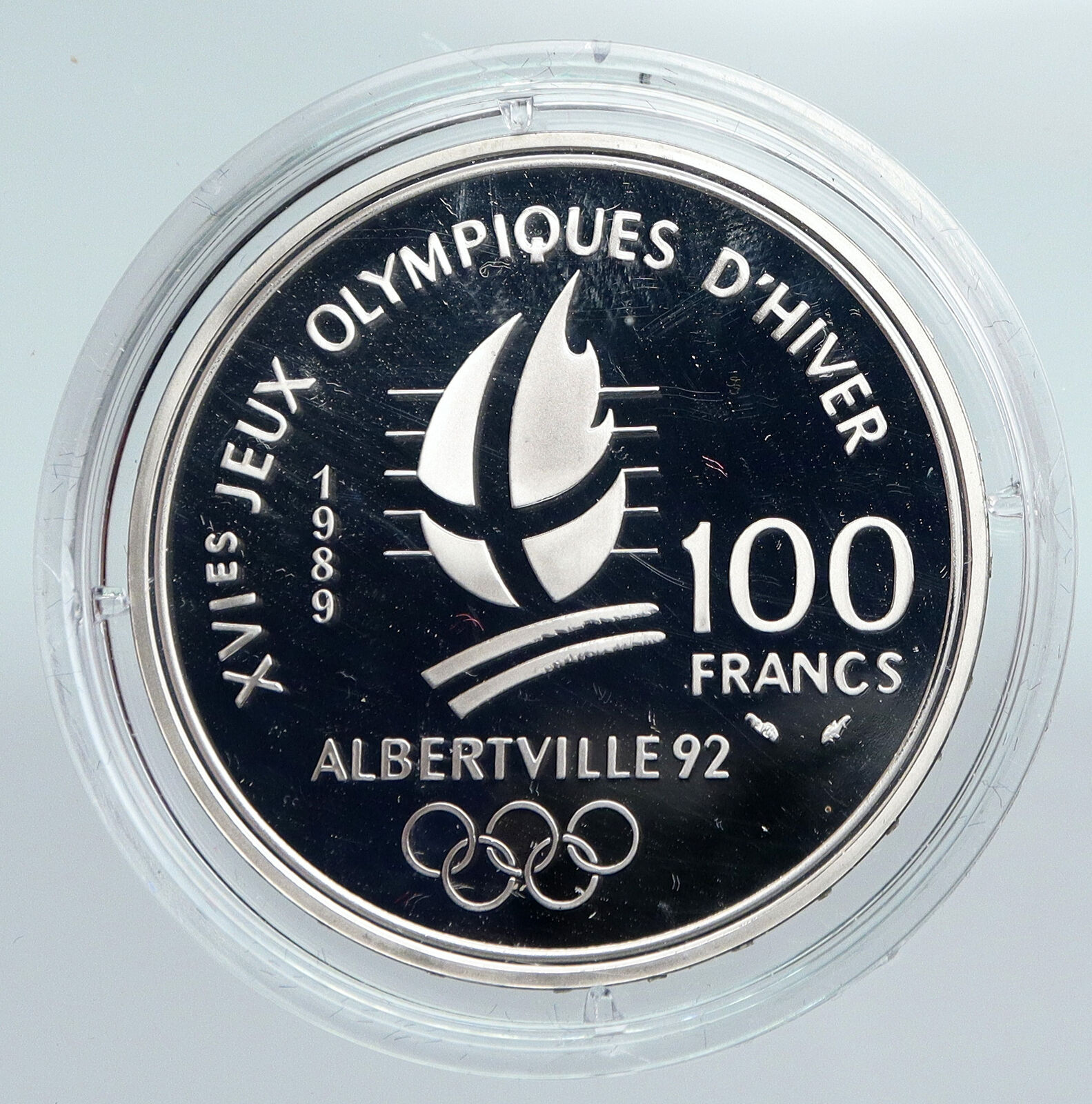 1989 FRANCE Alpine Skiing 1992 Olympics OLD Proof Silver 100 Francs Coin i89934