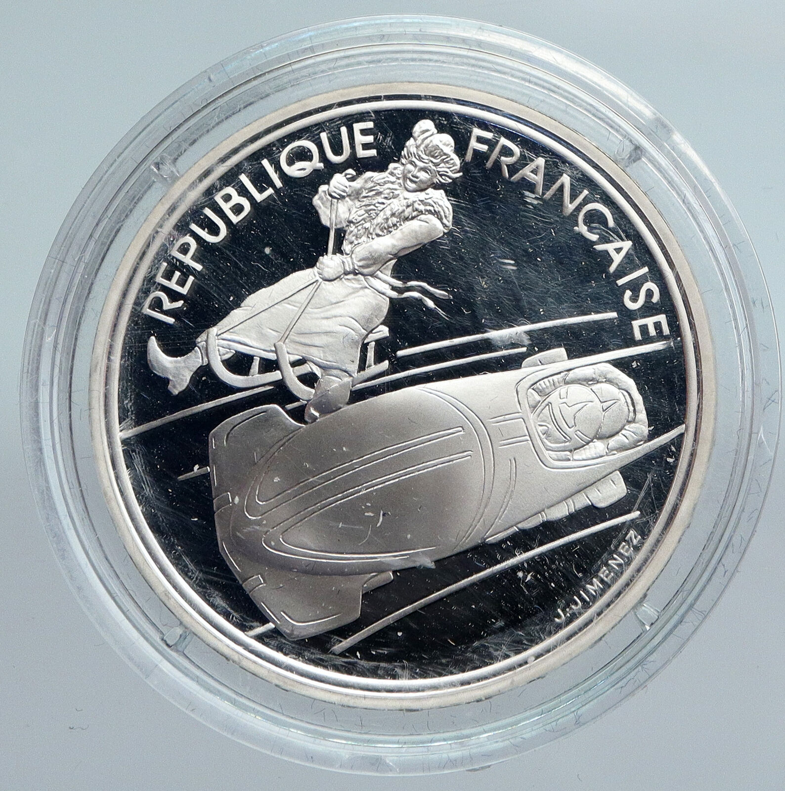 1990 FRANCE Luge Sledding 1992 Olympics VINTAGE Proof Silver 100F Coin i89945