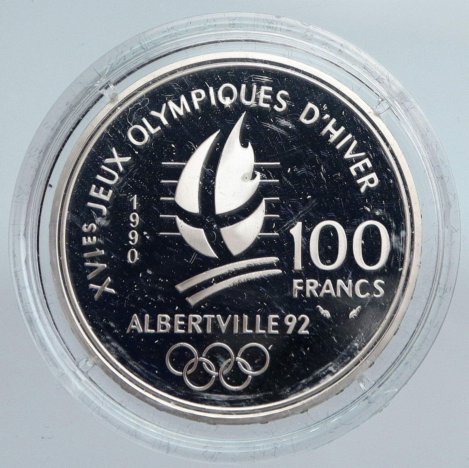 1990 FRANCE Luge Sledding 1992 Olympics VINTAGE Proof Silver 100F Coin i89945