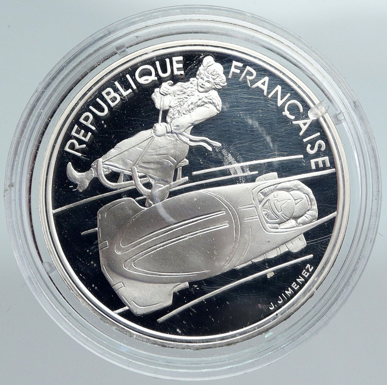 1990 FRANCE Luge Sledding 1992 Olympics VINTAGE Proof Silver 100F Coin i89926