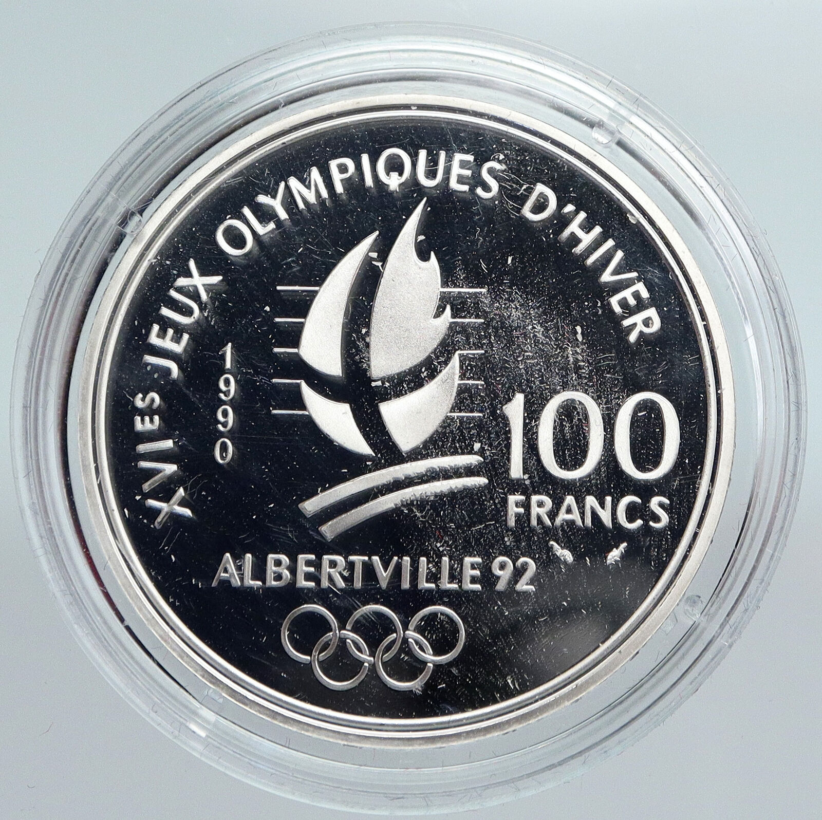 1990 FRANCE Luge Sledding 1992 Olympics VINTAGE Proof Silver 100F Coin i89926