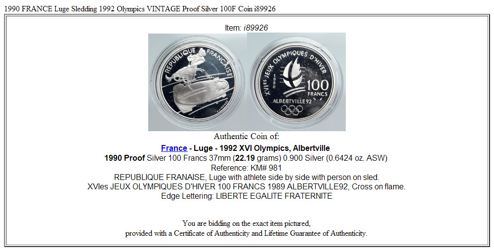 1990 FRANCE Luge Sledding 1992 Olympics VINTAGE Proof Silver 100F Coin i89926