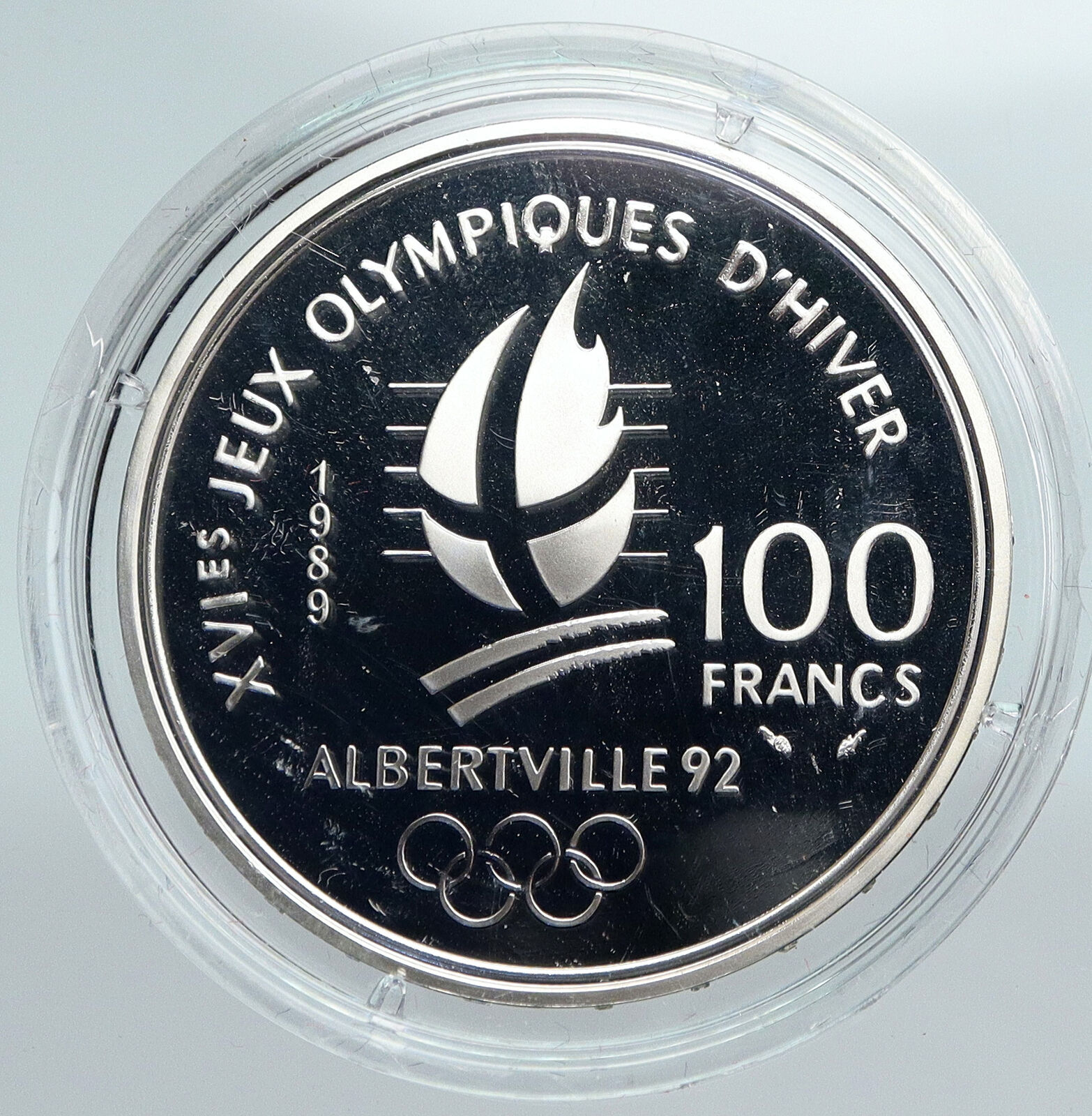 1989 FRANCE Alpine Skiing 1992 Olympics OLD Proof Silver 100 Francs Coin i89929