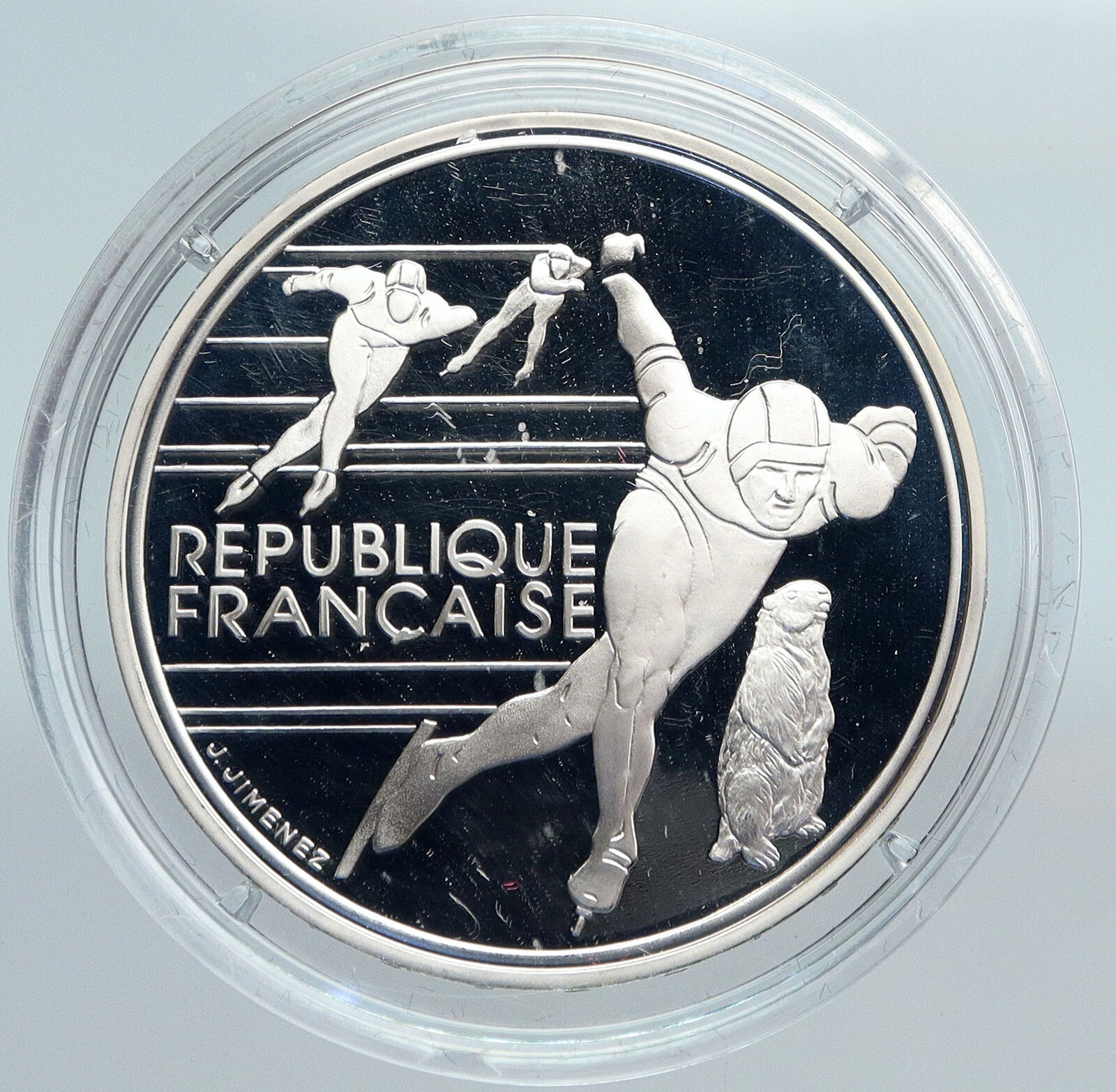 1990 FRANCE Speed Skating 1992 Olympics Proof Silver 100 Francs Coin i89930