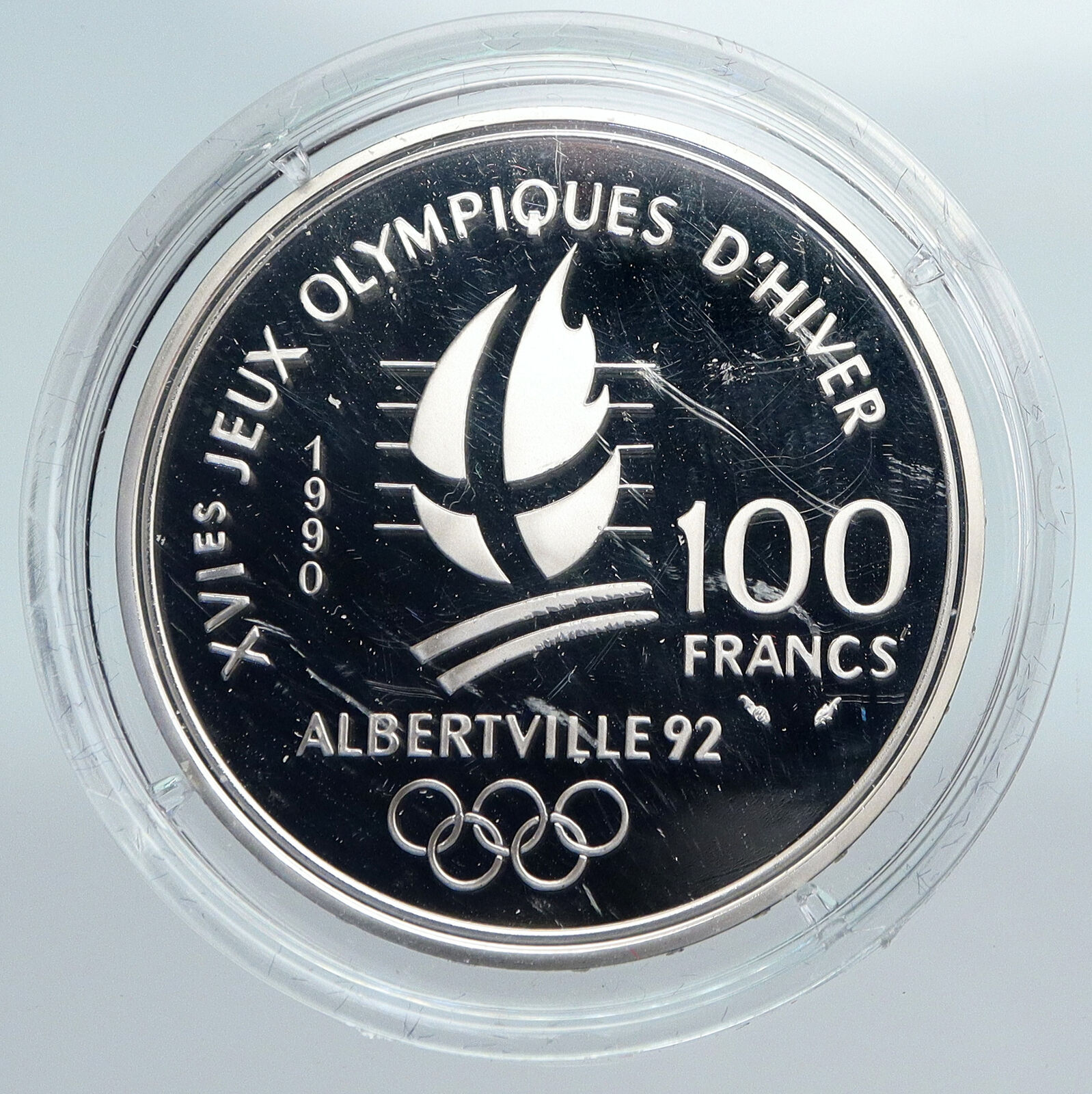 1990 FRANCE Speed Skating 1992 Olympics Proof Silver 100 Francs Coin i89930