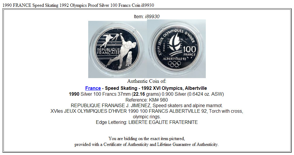 1990 FRANCE Speed Skating 1992 Olympics Proof Silver 100 Francs Coin i89930