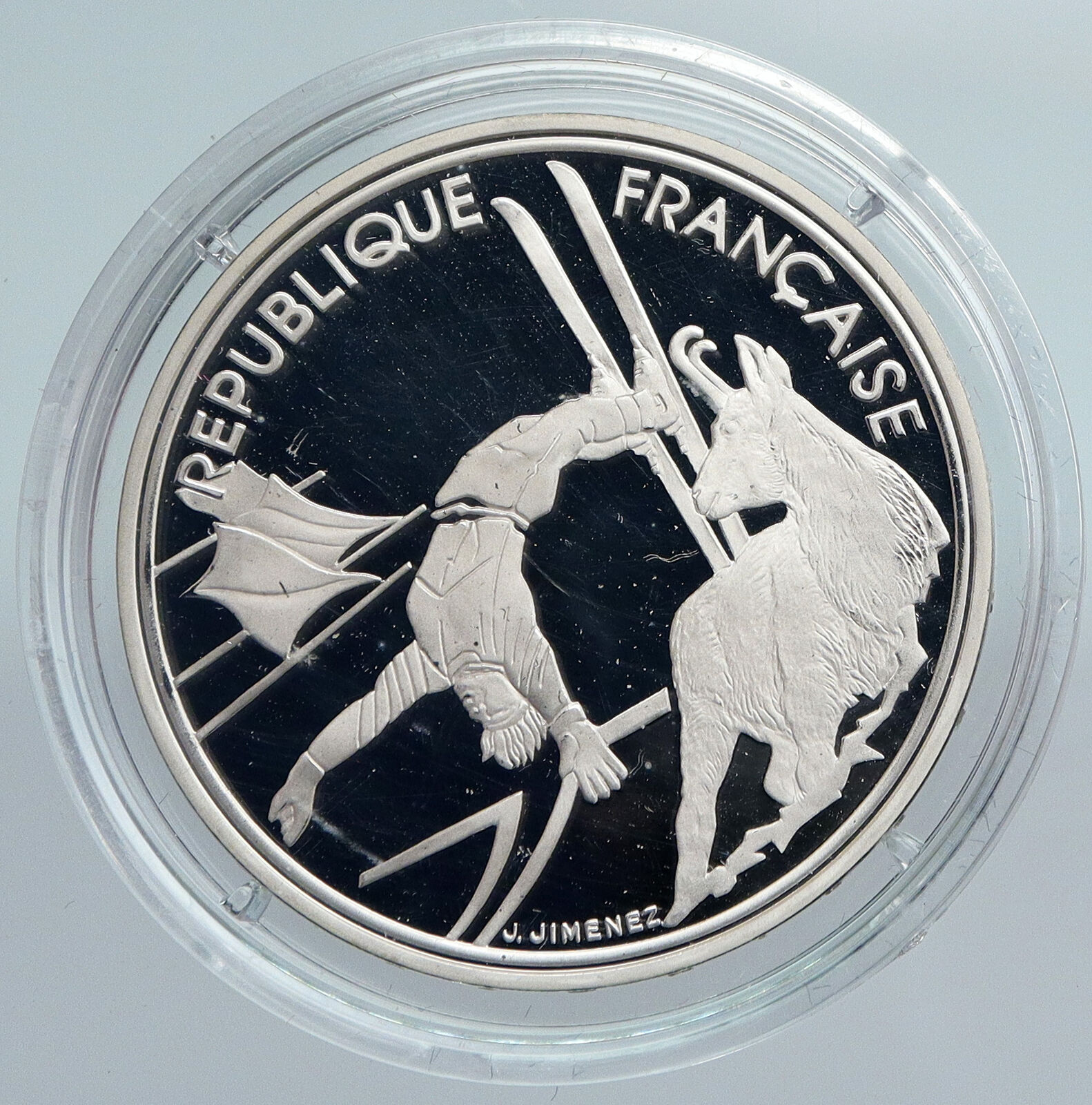 1990 FRANCE Free style Skiing 1992 Olympics Proof Silver 100 Francs Coin i89936