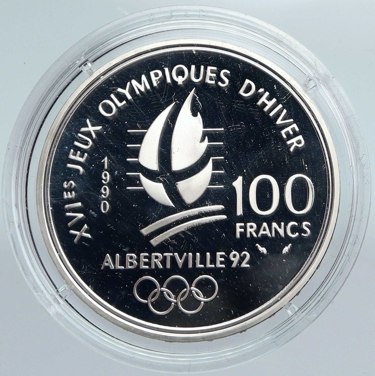 1990 FRANCE Free style Skiing 1992 Olympics Proof Silver 100 Francs Coin i89936