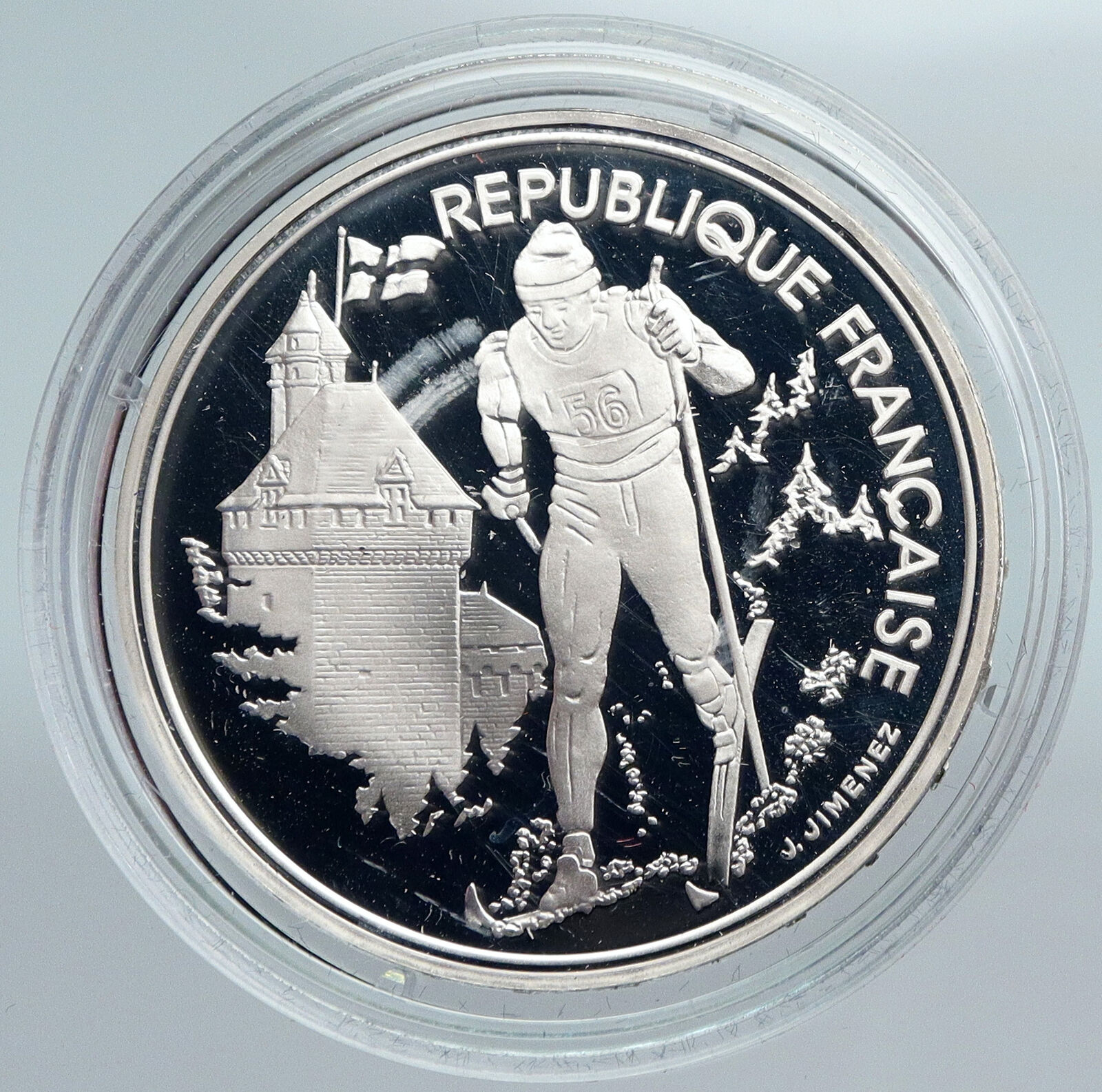 1991 FRANCE Cross Country Skiing 1992 Olympics OLD Proof Silver 100F Coin i89942