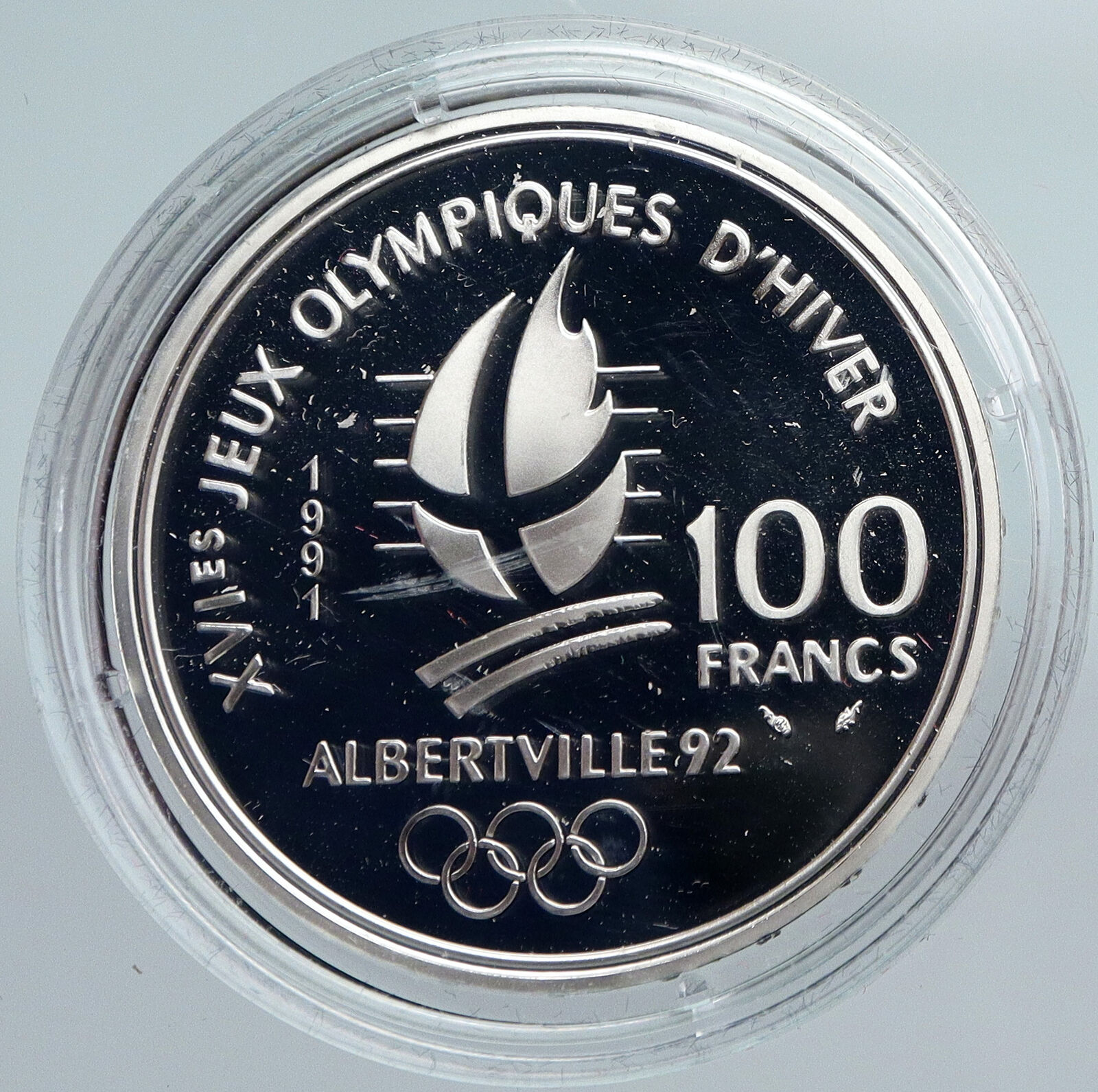 1991 FRANCE Cross Country Skiing 1992 Olympics OLD Proof Silver 100F Coin i89942