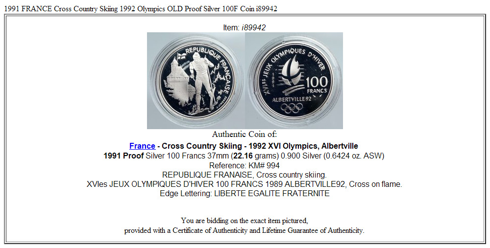 1991 FRANCE Cross Country Skiing 1992 Olympics OLD Proof Silver 100F Coin i89942