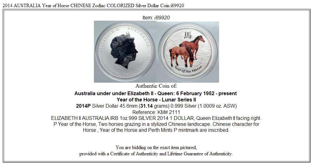 2014 AUSTRALIA Year of Horse CHINESE Zodiac COLORIZED Silver Dollar Coin i89920