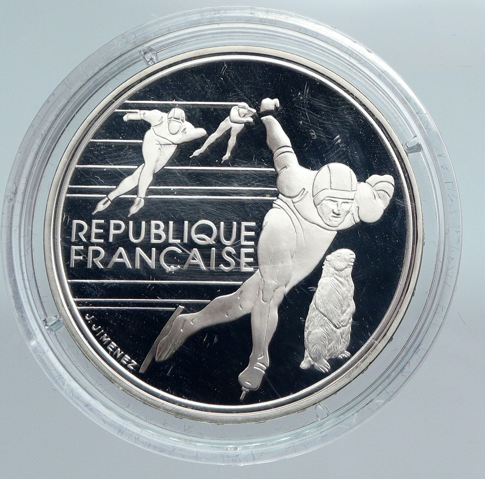 1990 FRANCE Speed Skating 1992 Olympics Proof Silver 100 Francs Coin i89943